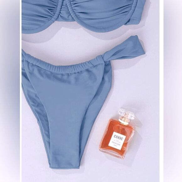 NWT Hilinker Blue Ruched Bikini Criss Cross Back High Cut Swimsuit Set Sz M - Picture 4 of 11
